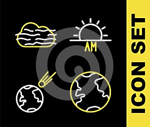 Set line Sunrise, Earth globe, Comet falling down fast and Fog and cloud icon. Vector
