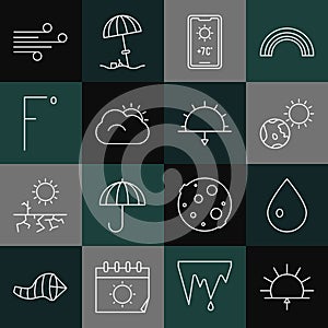 Set line Sunrise, Water drop, Earth globe and sun, Weather forecast, cloud, Fahrenheit, Wind and Sunset icon. Vector