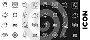 Set line Sunrise, Waves, and cloud weather, Wind, Storm, Tornado and Lightning bolt icon. Vector