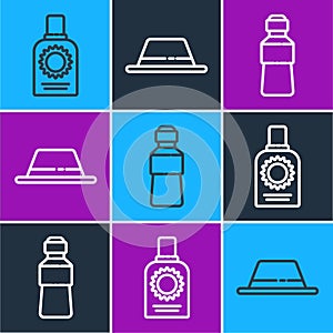 Set line Sunscreen spray bottle, Bottle of water and Man hat with ribbon icon. Vector