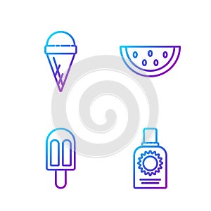 Set line Sunscreen spray bottle, Ice cream, Ice cream in waffle cone and Watermelon. Gradient color icons. Vector