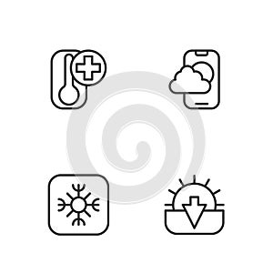 Set line Sunset, Snowflake, Thermometer and Weather forecast app icon. Vector