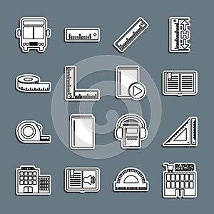 Set line Supermarket building, Triangular ruler, Open book, Ruler, Folding, Tape measure, Bus and Audio icon. Vector