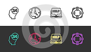 Set line Support operator in touch, Telephone 24 hours support, Laptop and help and Lifebuoy on black and white. Vector