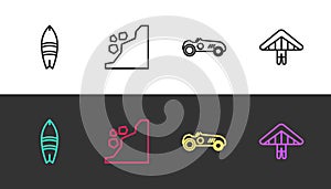 Set line Surfboard, Landslide, Vintage sport racing car and Hang glider on black and white. Vector