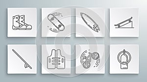 Set line Surfboard, Skateboard trick, Life jacket, Bicycle, Aqualung, on street ramp and Boots icon. Vector