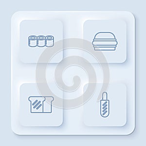 Set line Sushi, Burger, Bread toast and Hotdog sandwich. White square button. Vector