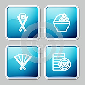 Set line Sushi with chopsticks, Ramen, Traditional fan and South Korean won coin icon. Vector