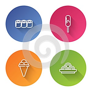 Set line Sushi, Ice cream, in waffle cone and Asian noodles bowl. Color circle button. Vector