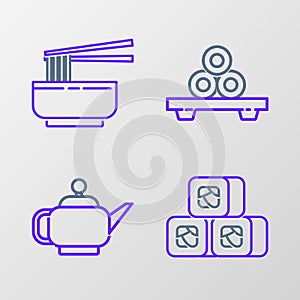 Set line Sushi, Japanese tea ceremony, cutting board and Asian noodles bowl and chopsticks icon. Vector