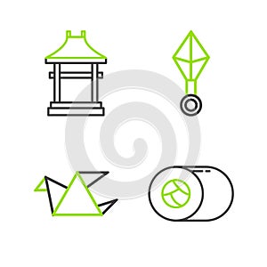 Set line Sushi, Origami bird, Japanese ninja shuriken and Gate icon. Vector