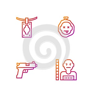 Set line Suspect criminal, Pistol or gun, Money laundering and Murder. Gradient color icons. Vector