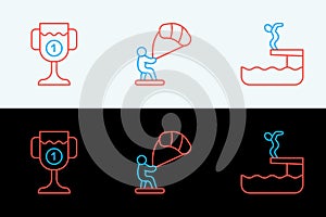 Set line Swimmer diving into pool, Award cup and Kitesurfing icon. Vector