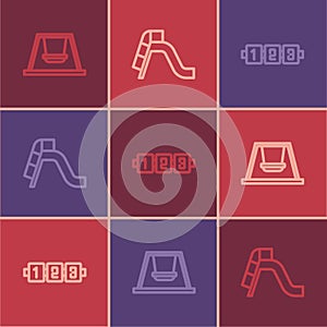 Set line Swing for kids, Education logic game and Slide playground icon. Vector