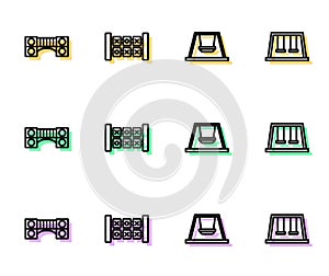 Set line Swing for kids, Playground bridge, Education logic game and Swings icon. Vector