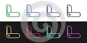Set line Swiss army knife icon isolated on black and white background. Multi-tool, multipurpose penknife