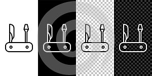 Set line Swiss army knife icon isolated on black and white background. Multi-tool, multipurpose penknife