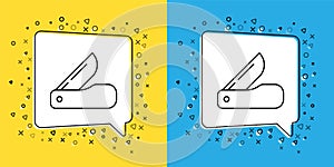 Set line Swiss army knife icon isolated on yellow and blue background. Multi-tool, multipurpose penknife