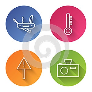 Set line Swiss army knife, Meteorology thermometer, Exclamation mark in triangle and Photo camera. Color circle button