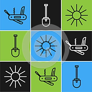 Set line Swiss army knife, Sun and Shovel icon. Vector