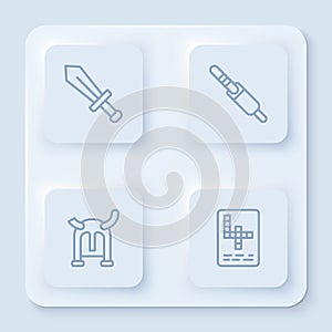 Set line Sword for game, Audio jack, Viking in horned helmet and Crossword. White square button. Vector