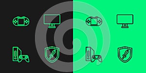 Set line Sword for game, Game console with joystick, Portable video and Computer monitor icon. Vector