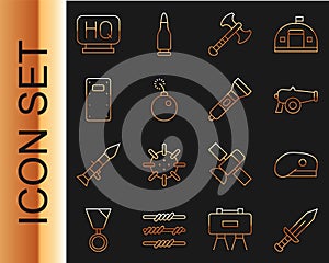 Set line Sword, Military beret, Cannon, War axe, Bomb ready to explode, assault shield, headquarters and Flashlight icon