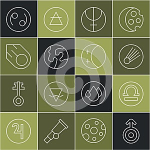 Set line Symbol Uranus, Libra zodiac, Comet, Neptune planet, Earth globe, Cancer and Eclipse of the sun icon. Vector