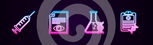 Set line Syringe, Paper page with eye, DNA research, search and Clipboard analysis. Glowing neon icon. Vector