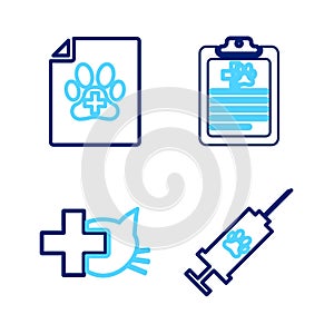 Set line Syringe with pet vaccine, Veterinary clinic, Clinical record and Medical certificate for dog cat icon. Vector