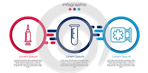 Set line Syringe, Test tube and flask and Medical symbol of the Emergency. Business infographic template. Vector