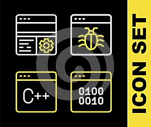 Set line System bug, Binary code, Software and Debugging icon. Vector