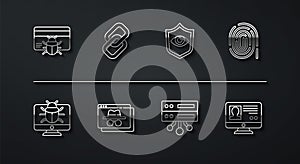 Set line System bug in credit card, on monitor, Fingerprint, Server, Data, Web Hosting, Browser incognito window, Chain