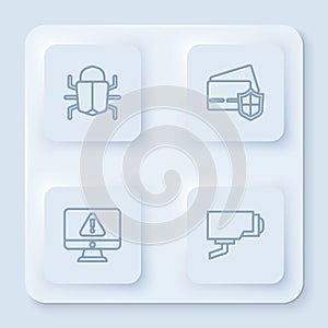 Set line System bug, Credit card with shield, Monitor exclamation mark and Security camera. White square button. Vector