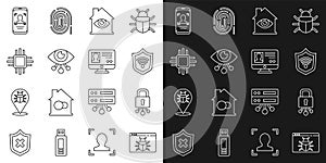 Set line System bug, Cyber security, Shield with WiFi wireless, House eye scan, Eye, Processor microcircuits CPU, Mobile