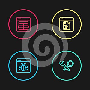 Set line System bug, Debugging, Software and MySQL code icon. Vector