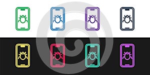Set line System bug on mobile icon isolated on black and white background. Code bug concept. Bug in the system. Bug