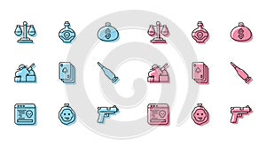 Set line System bug, Murder, Scales of justice, Pistol or gun, Playing cards, Bullet, and Poison bottle icon. Vector