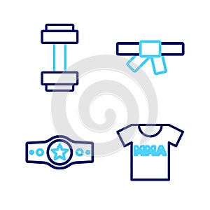 Set line T-shirt with fight club MMA, Boxing belt, Black karate and Dumbbell icon. Vector