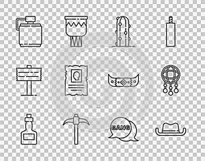 Set line Tabasco sauce, Western cowboy hat, Cactus, Pickaxe, Canteen water bottle, Wanted western poster, Bang boom, gun