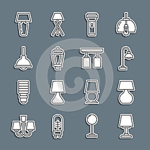 Set line Table lamp, Floor, Flashlight, Garden, Lamp hanging, and Led track lights and lamps icon. Vector