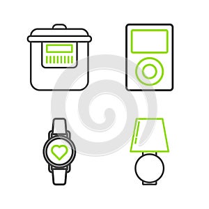 Set line Table lamp, Smart watch showing heart beat rate, Music player and Slow cooker icon. Vector