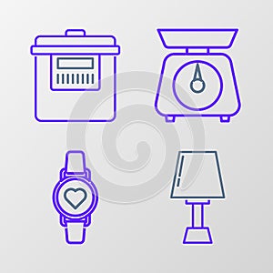 Set line Table lamp, Smart watch showing heart beat rate, Scales and Slow cooker icon. Vector