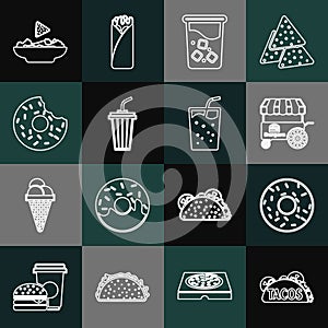 Set line Taco with tortilla, Donut, Fast street food cart, Glass water, Nachos in plate and icon. Vector