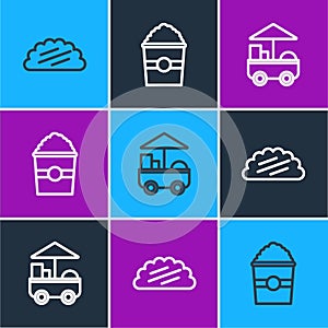 Set line Taco with tortilla, Fast street food cart and Popcorn in box icon. Vector