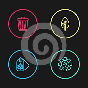 Set line Tag with recycle, Gear and lightning, Tree and Trash can icon. Vector