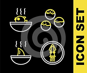 Set line Takoyaki, Octopus on plate, Shark fin soup and Puffer fish icon. Vector