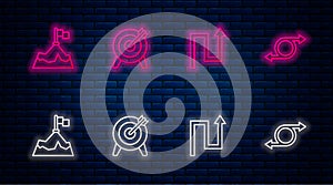 Set line Target, Arrow, Mountains with flag and . Glowing neon icon on brick wall. Vector