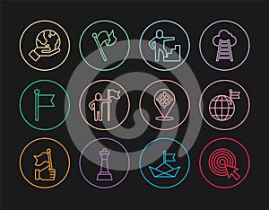 Set line Target with arrow, Planet flag, Stair finish, Man holding, Flag, Hand Earth globe, and icon. Vector