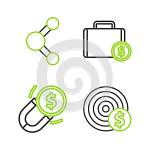 Set line Target with dollar symbol, Magnet money, Briefcase and and Share icon. Vector